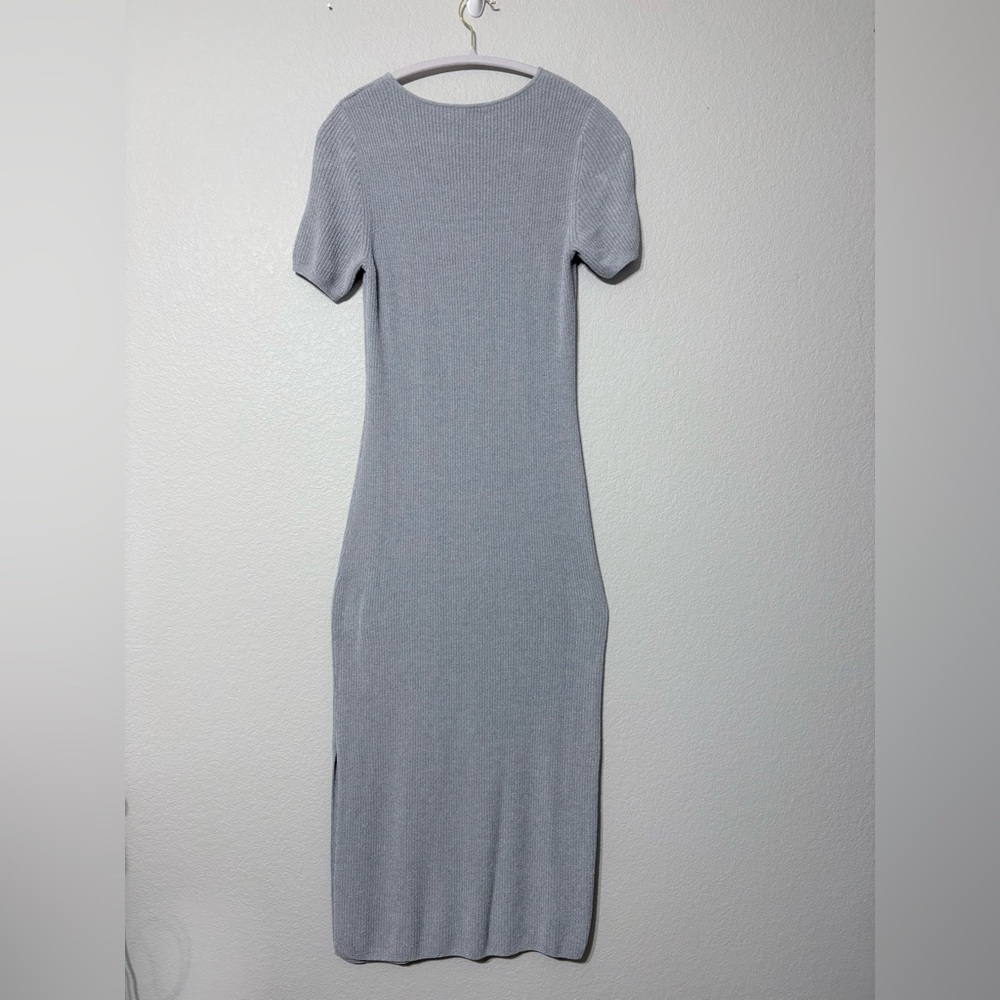 Barefoot Dreams CozyChic Ultra Lite SS Light Gray Maxi Midi Dress Side Slits MP - Picture 3 of 12